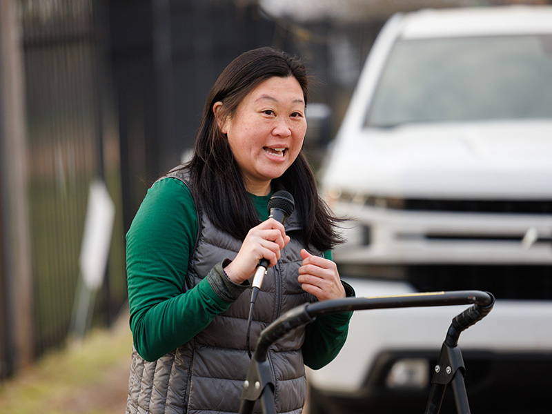 Dr. Jennifer Hong, associate chief medical officer for Children's of Mississippi, thanks runners at the start of the inaugural Run the Rainbow for Children's.